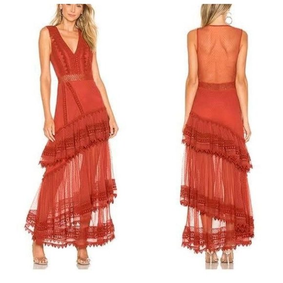 House of Harlow 1960 Dresses & Skirts - House of Harlow Sheer Tiered Maxi Dress M Medium Burnt Orange Festival